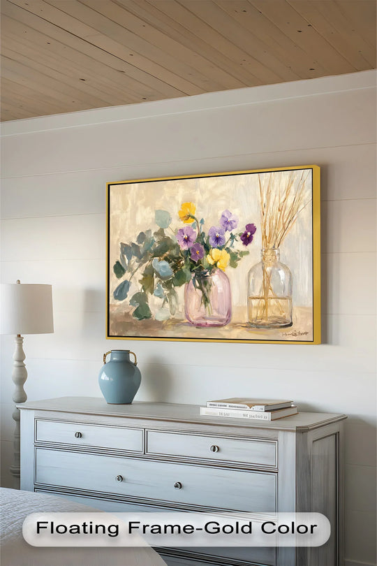 Surface texture of this botanical oil painting artwork is visible in the brushstrokes of the purple and yellow flowers.