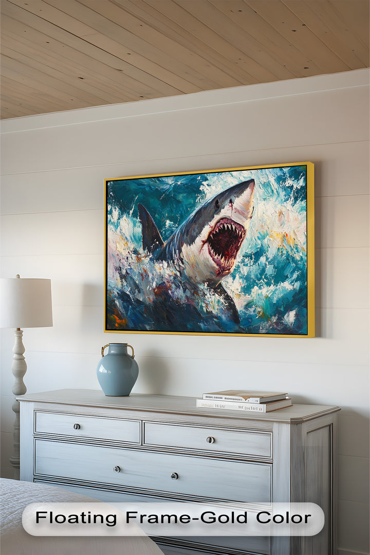Ferocious Shark Emerging from Turbulent Waters – Animal Oil Painting