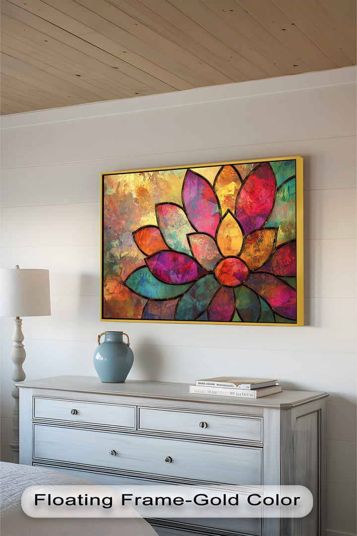 Expressive brushstrokes and a brilliant color palette bring this contemporary floral masterpiece to life, with intricate petal details glowing against a warm, textured background.