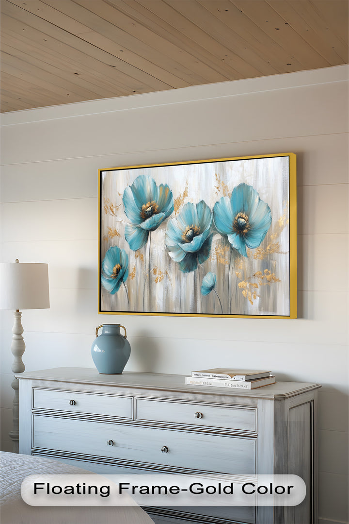 Blue Poppies with Metallic Accents - Flower Oil Painting
