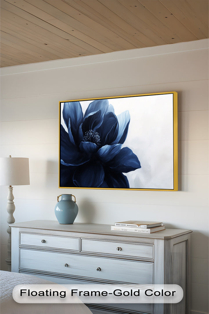 Midnight Bloom Wall Art – Navy Blue Floral Oil Painting