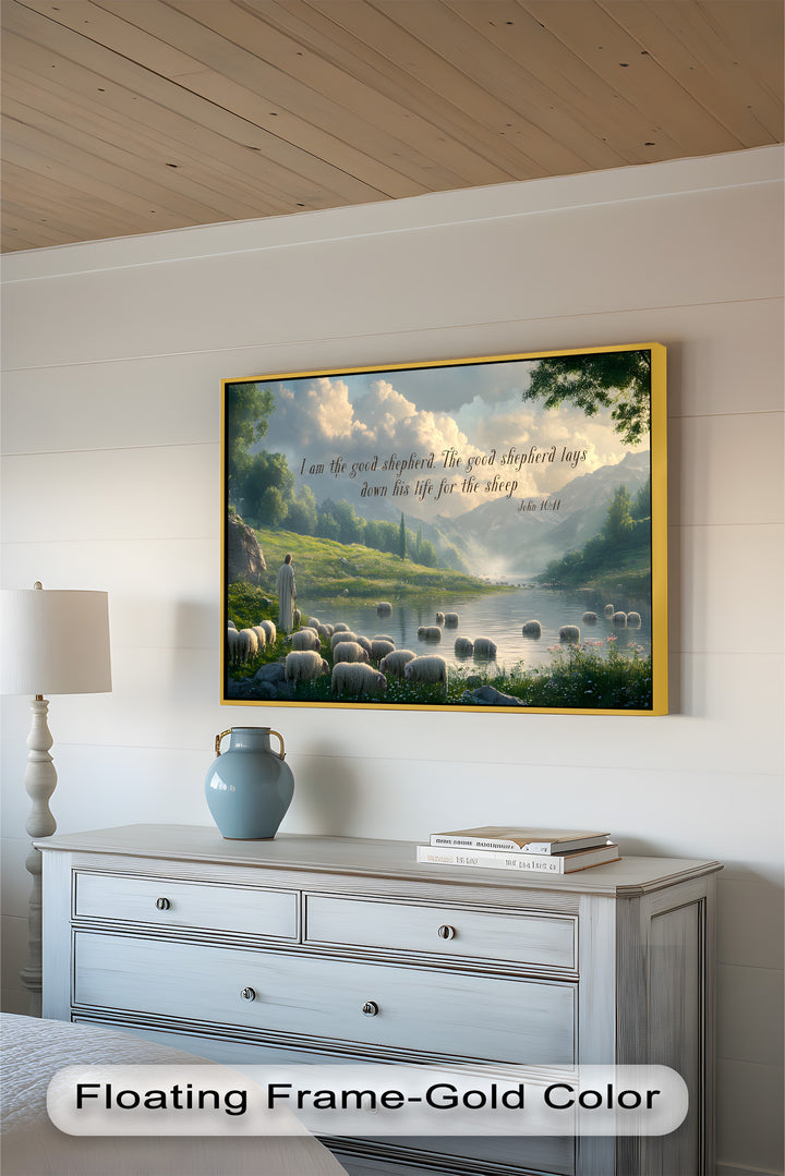Peaceful countryside landscape with sheep grazing by the water under a golden sky.
