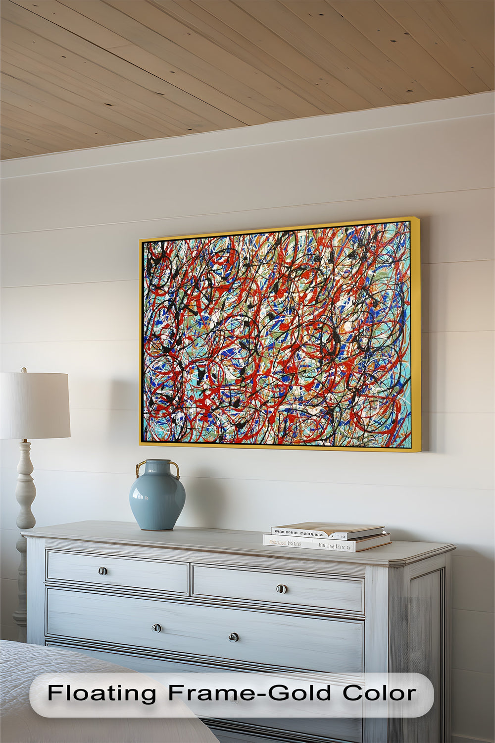 A bold and vibrant action painting featuring layered drips and loops, evoking intense movement and rhythm.