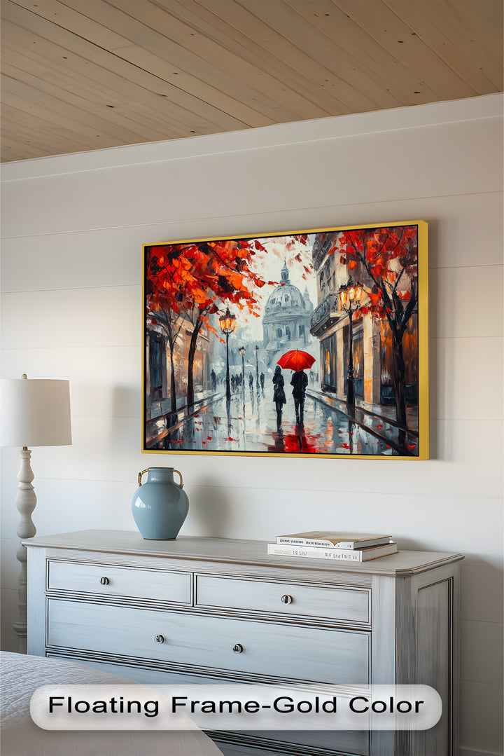 Lovers Walking with Red Umbrella - Love Oil Painting