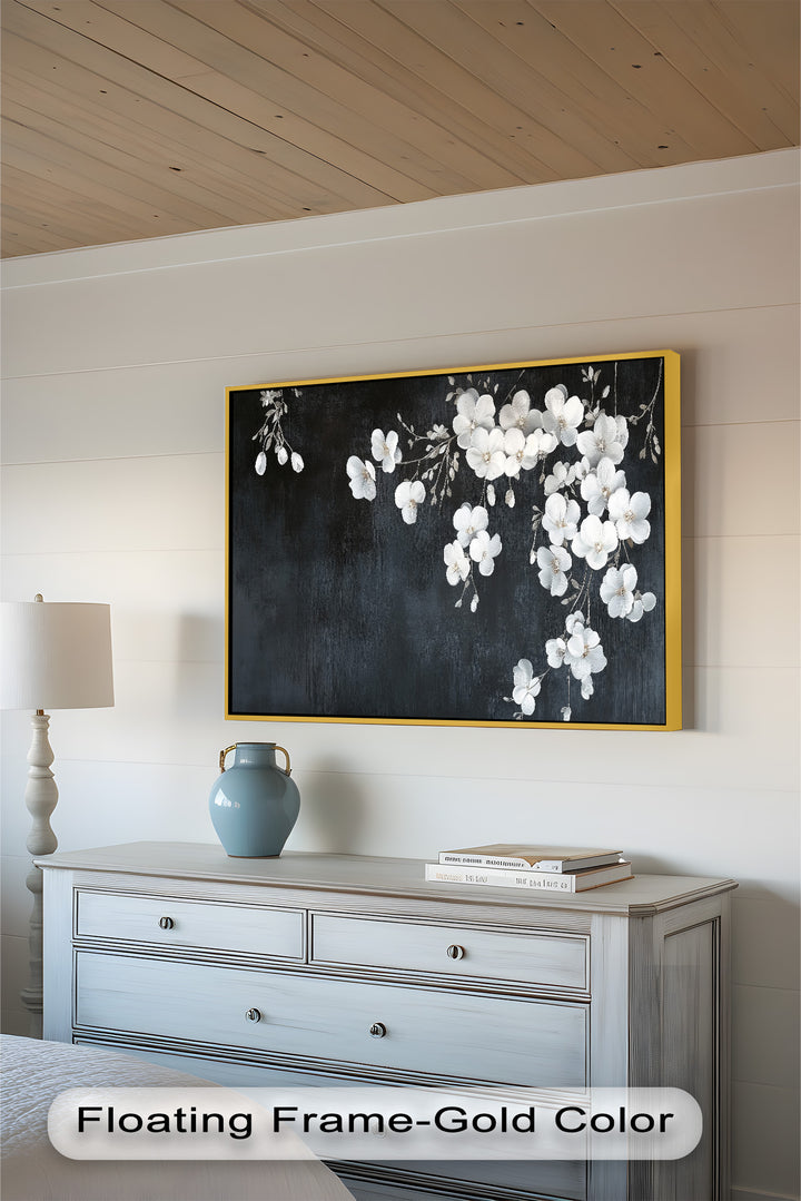 White Cherry Flowers on Midnight Blue - Flower Oil Painting