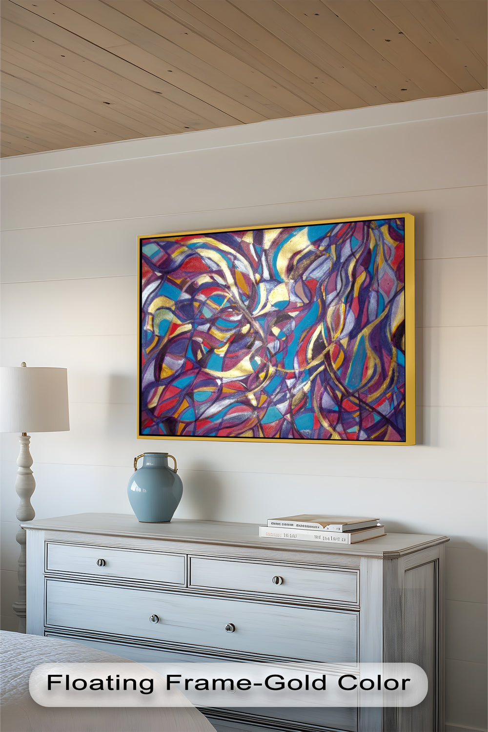 Energetic modern art composition featuring intertwined shapes and flowing lines in bold jewel tones.

