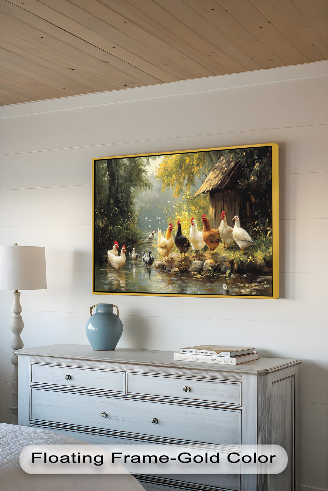 Country Farmyard Chickens by the Stream – Animal Oil Painting