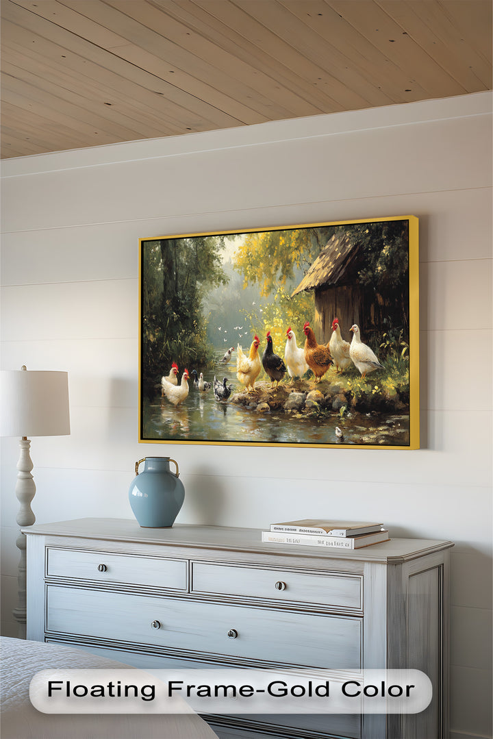 Country Farmyard Chickens by the Stream – Animal Oil Painting