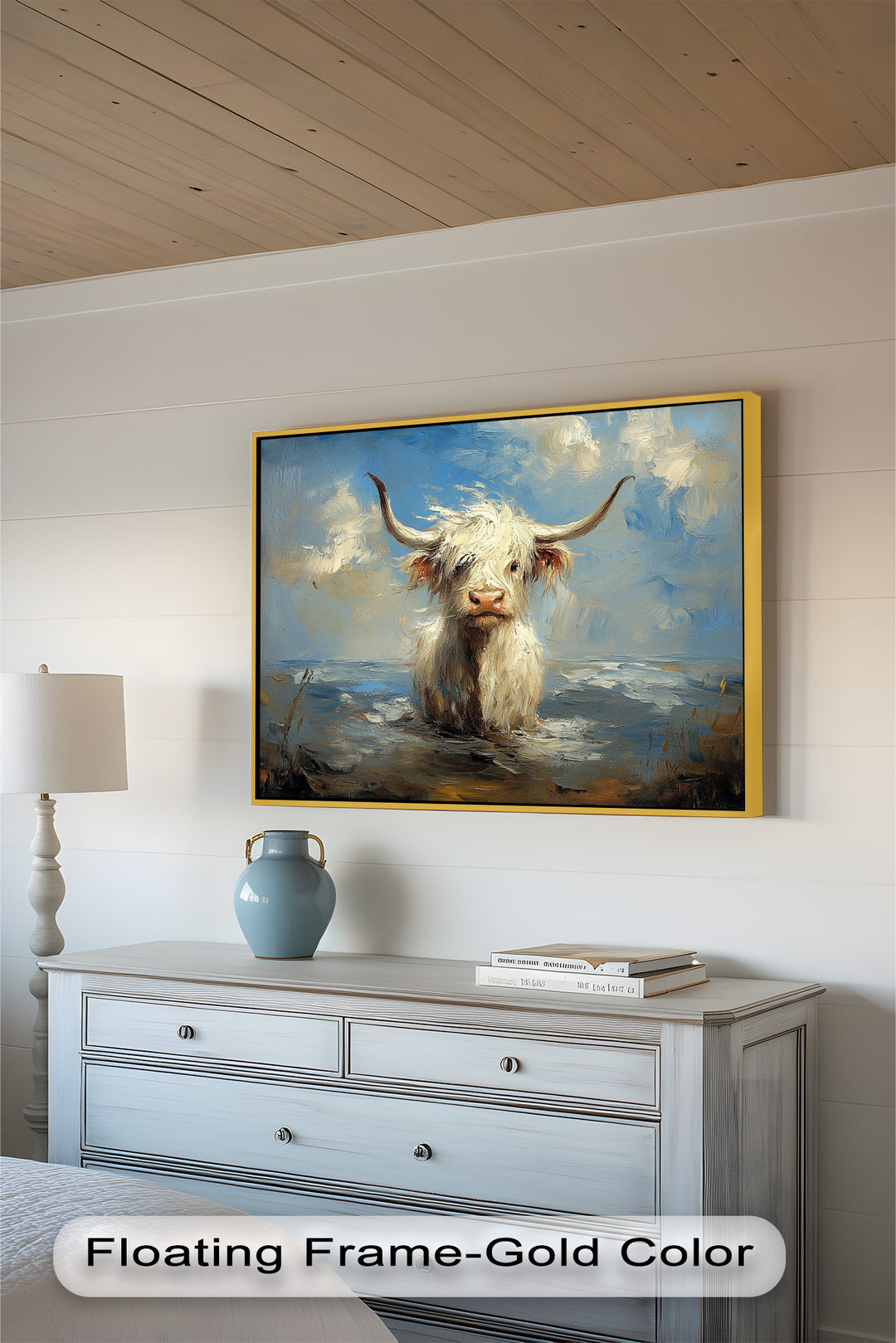 Highland Cow in Coastal Waters – Animal Oil Painting