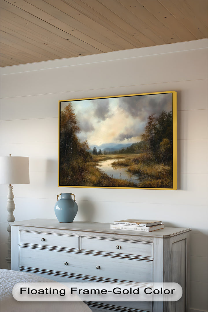 Herbstliche Flussszene Wandkunst – Landschaftsölgemälde