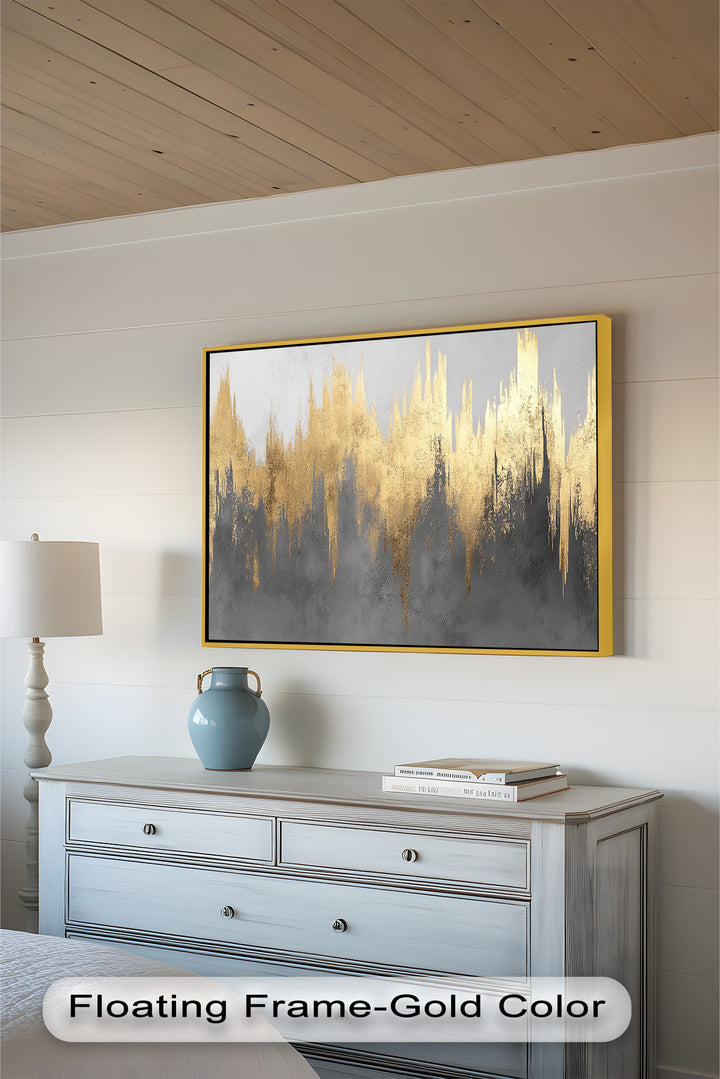 Luxury-inspired abstract wall art with bold golden strokes over deep gray.

