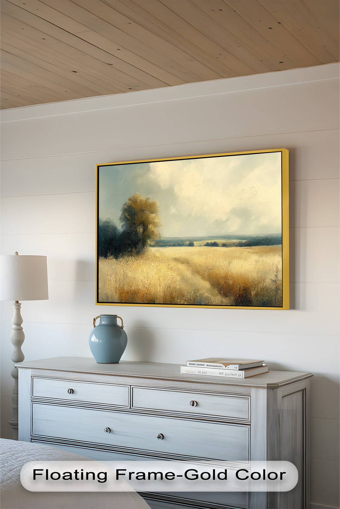Endless fields of tall grass glowing in warm light, with scattered trees in the distance and a calm, cloudy horizon.

