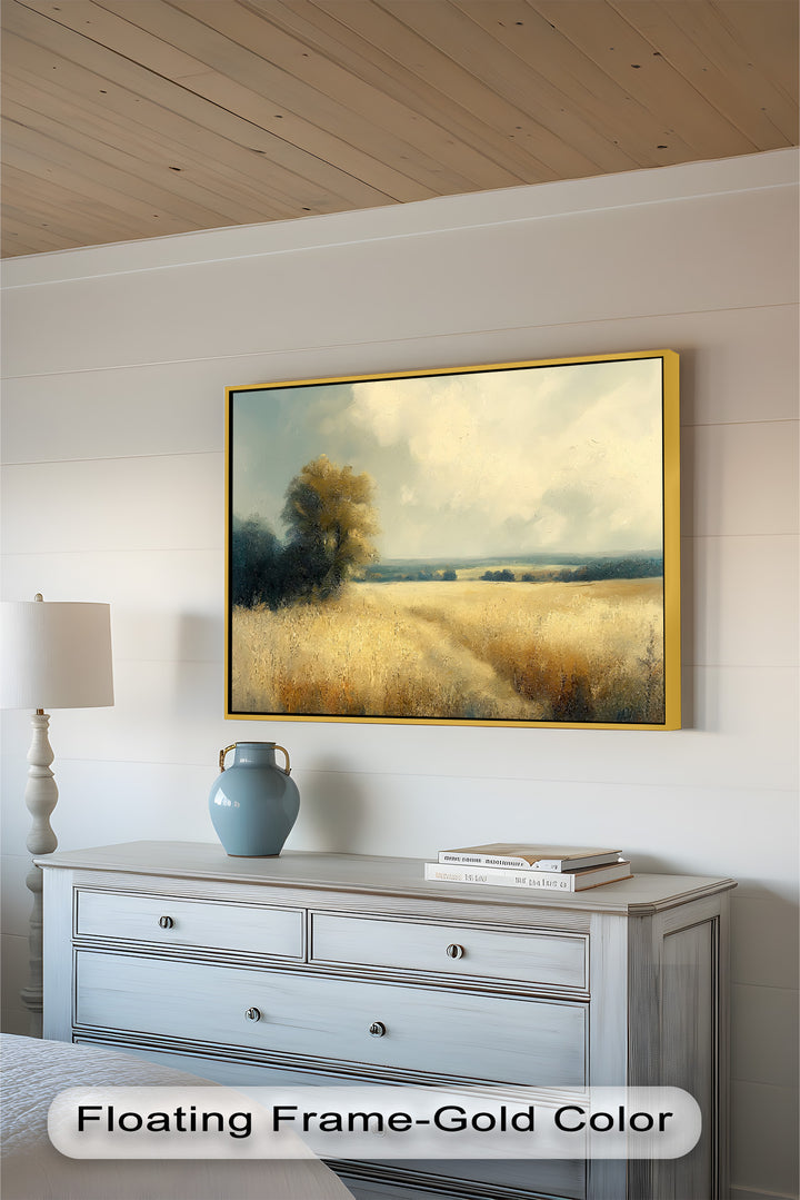 Endless fields of tall grass glowing in warm light, with scattered trees in the distance and a calm, cloudy horizon.

