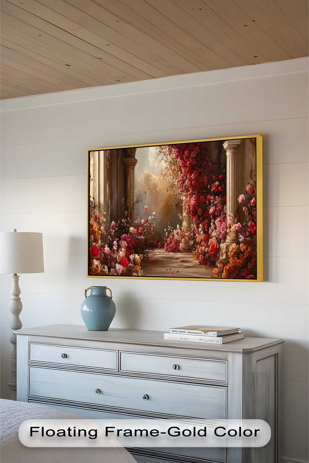 Rosenbedeckte Palastsäulen – Florales Fantasie-Ölgemälde