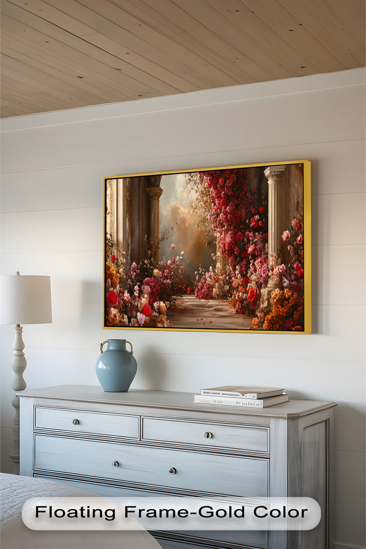 Rosenbedeckte Palastsäulen – Florales Fantasie-Ölgemälde