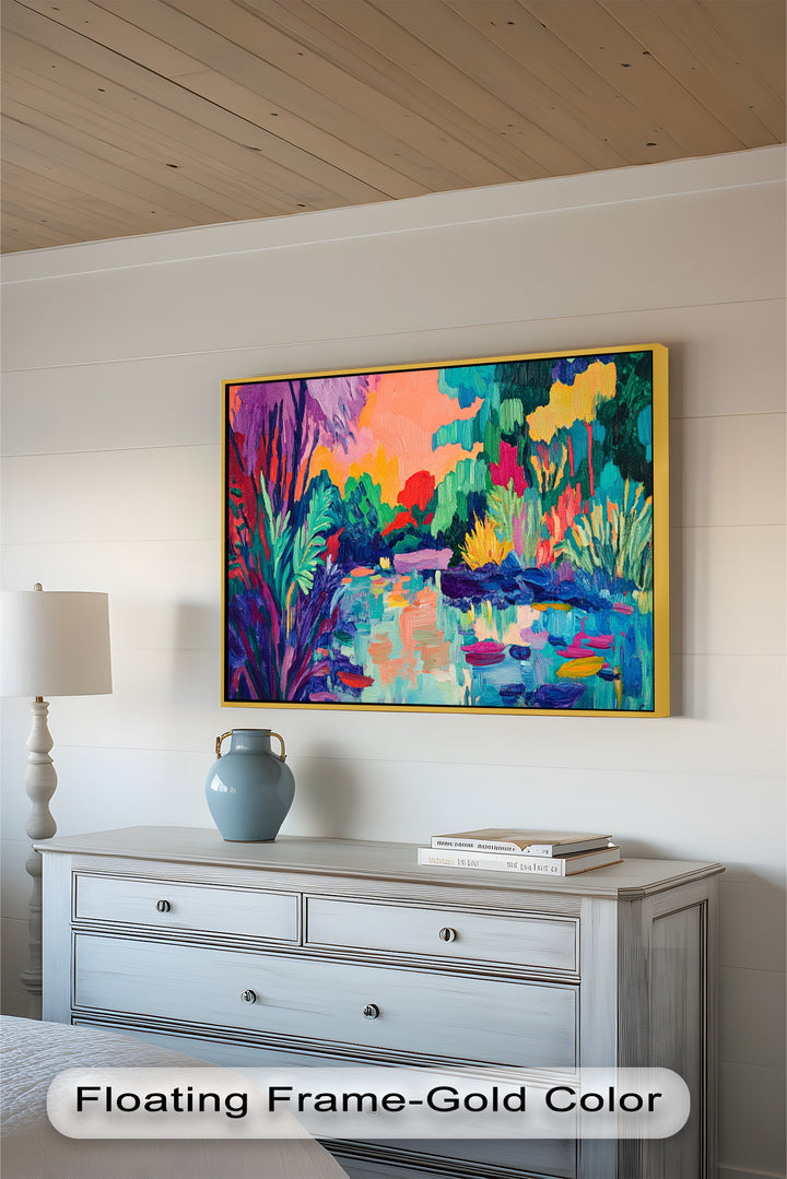 Sunset Reflections Oil Painting – Fauvist Lakeside Dreamscape