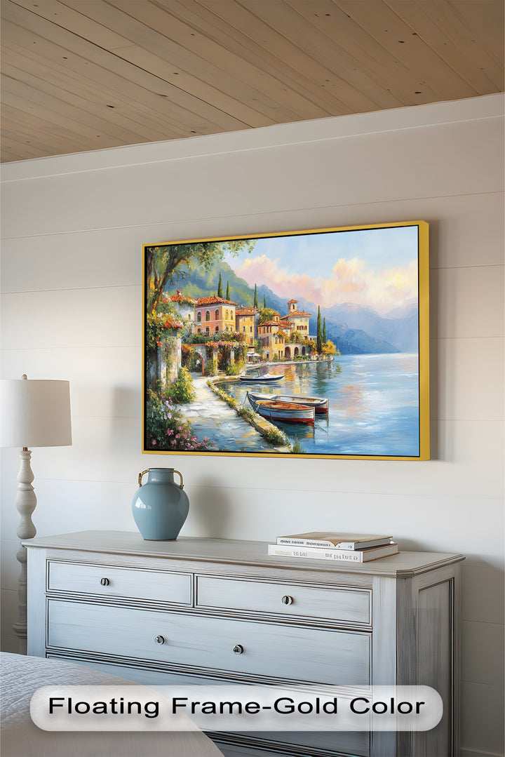 Italian Lake Village Wall Art – Mediterranean Oil Painting