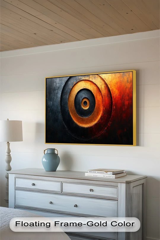 The focal point highlights the captivating swirling design of this abstract gold circle wood art, a modern oil painting art piece with vibrant colors and a bold composition.