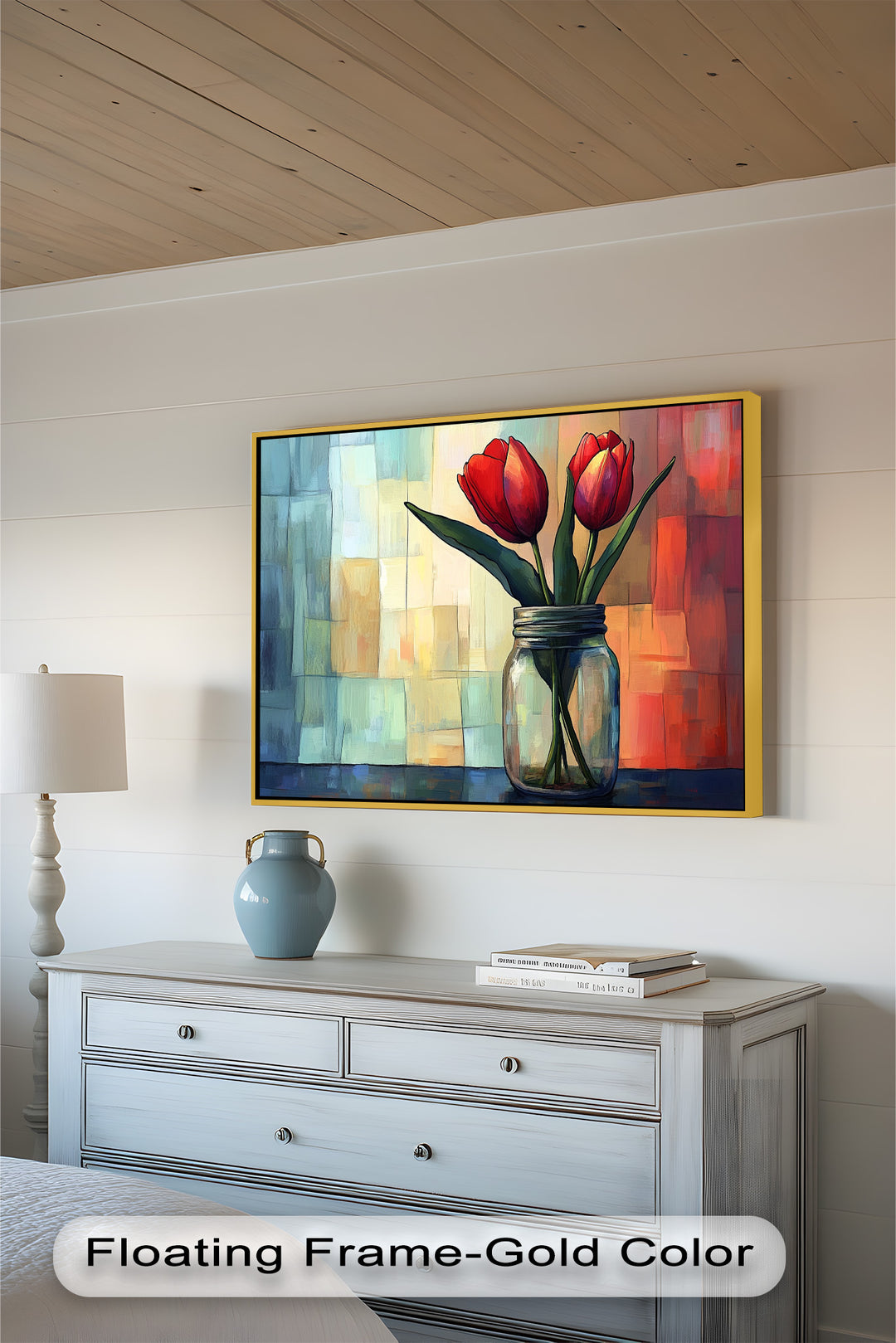 A contemporary floral artwork depicting fresh red tulips in a rustic mason jar, with an abstract, color-blocked backdrop that enhances the composition’s depth.