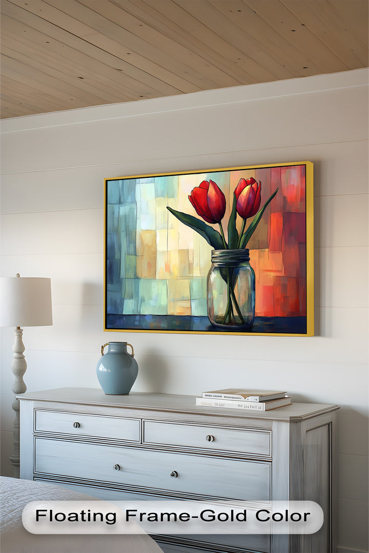 A contemporary floral artwork depicting fresh red tulips in a rustic mason jar, with an abstract, color-blocked backdrop that enhances the composition’s depth.