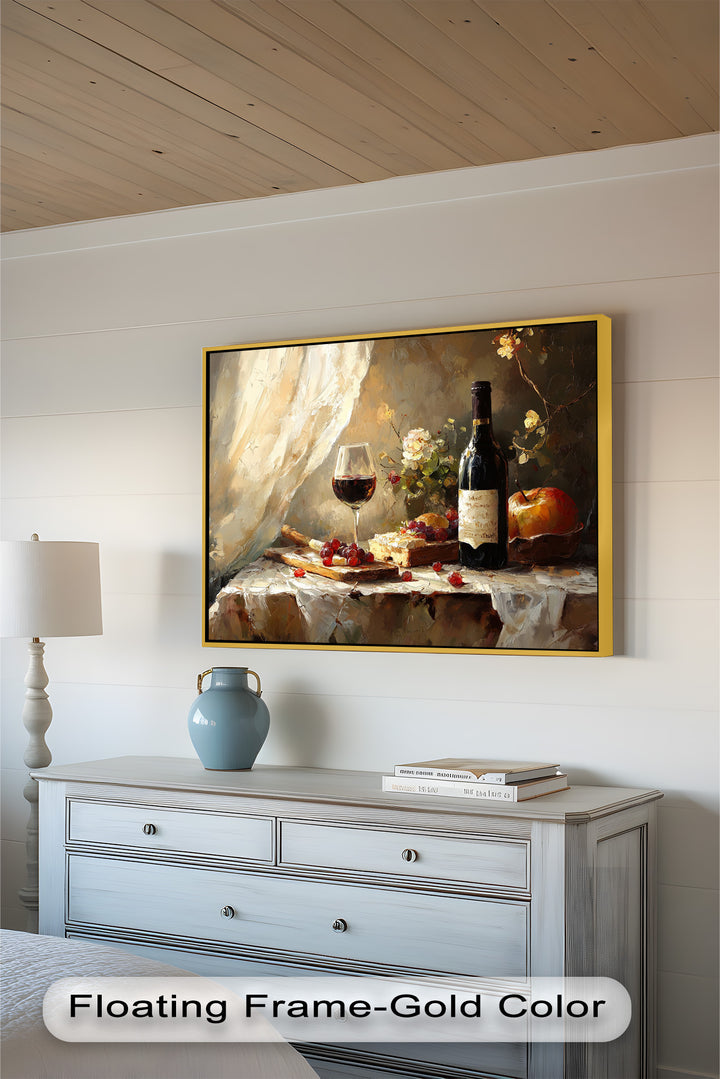This exquisite painting portrays the essence of relaxation and fine dining, with a charming composition of wine, bread, and fresh produce.

