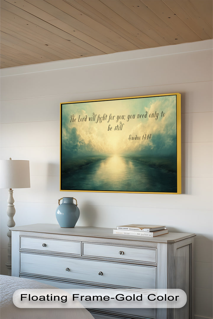 Biblical-themed painting featuring calm waters and a message of stillness and faith.

