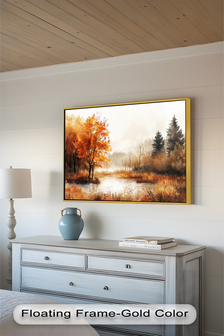 Autumn Forest Lake Wall Art – Fall Nature Oil Painting
