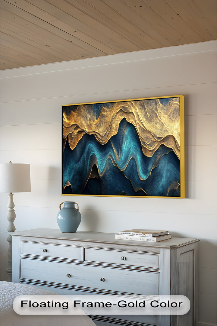 Flowing Teal & Gold Waves – Abstract Oil Painting