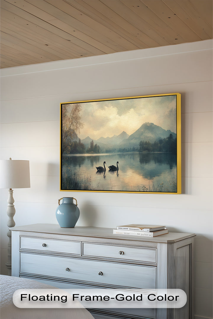 Black Swans on a Mountain Lake – Modern Oil Painting