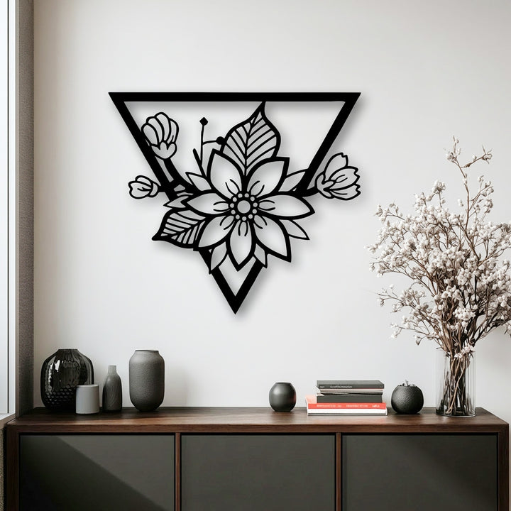 Exquisite black metal wall decor featuring a Geometric Floral Blossom within a Modern Triangle Frame, showcasing exceptional material quality.