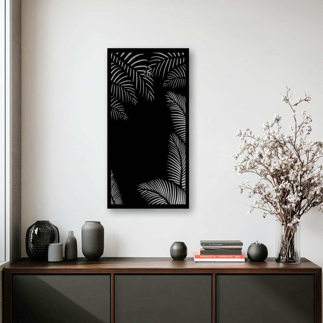 A sleek, smooth surface texture defines the elegant black and silver tropical palm leaf metal art for wall, showcasing its detailed design.