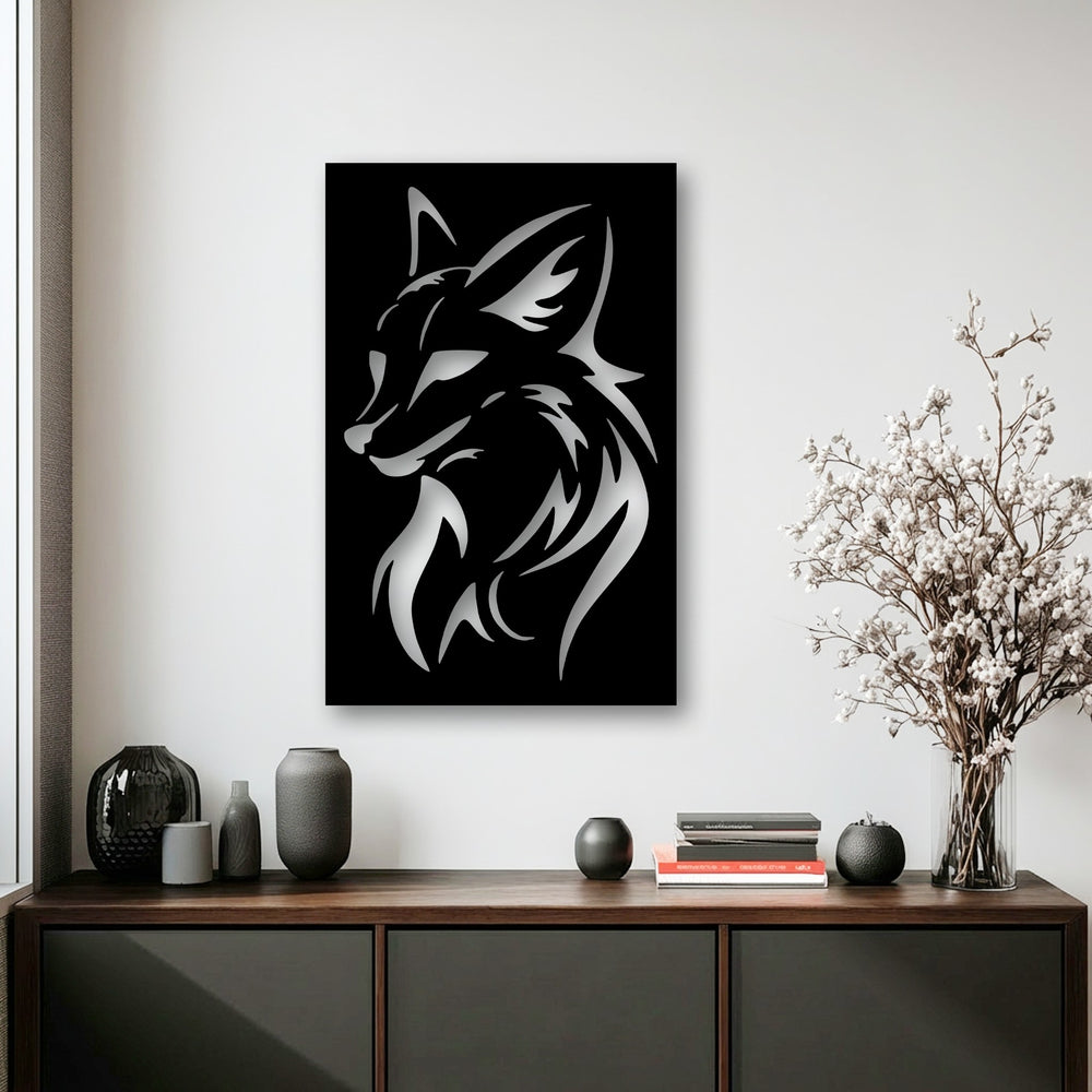 The clean, creamy white wall behind the fierce wolf head silhouette metal wall decor sits above a dark wood credenza.