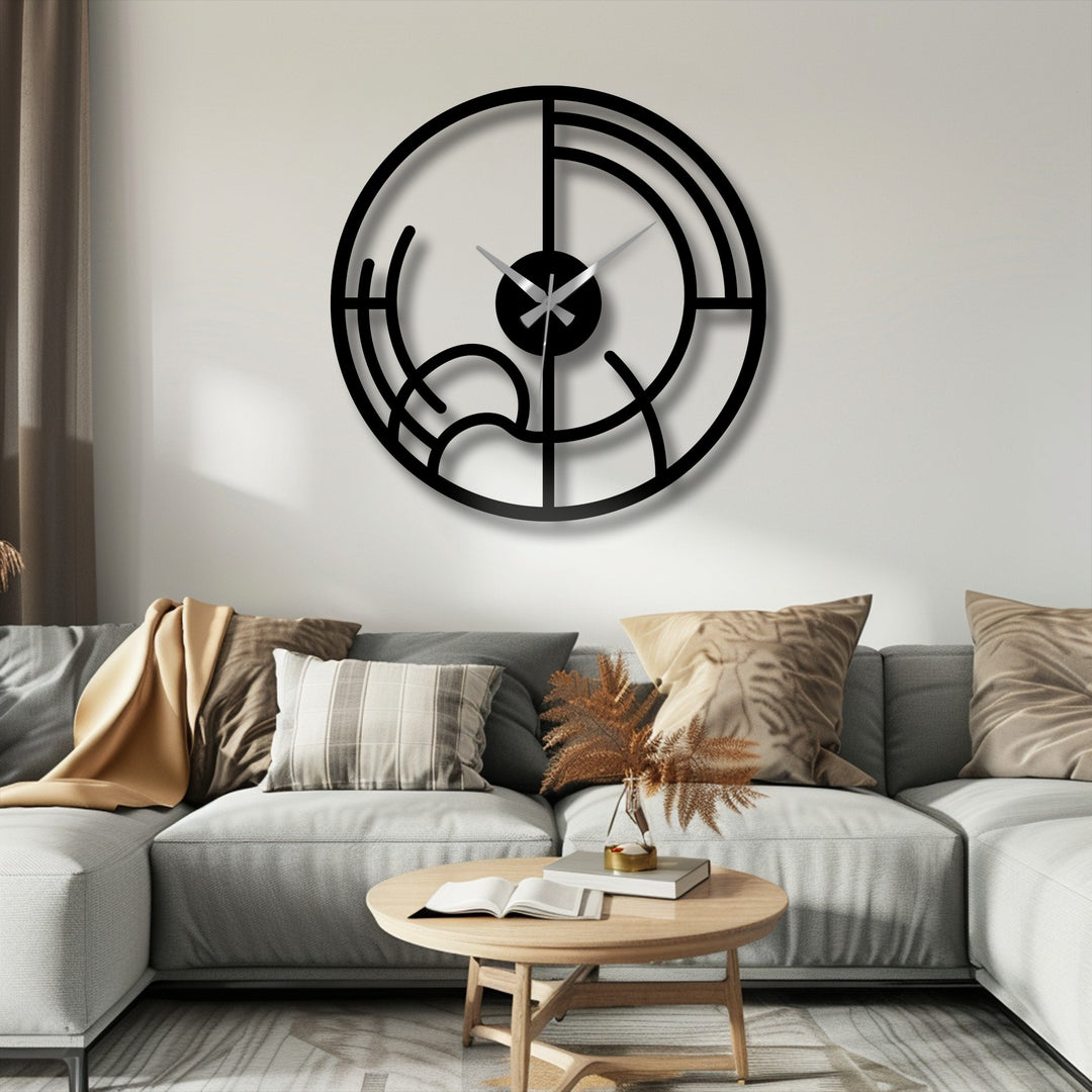 Warm light enhances the black abstract geometric metal wall clock, creating inviting home decor contrasted by cool gray tones in the room.