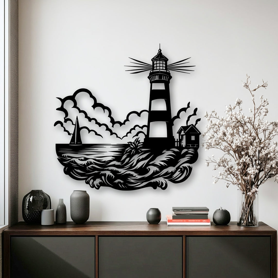 The crisp, defined edges of this lighthouse metal decoration wall art sharply outline the ocean waves, sailboat, and lighthouse, creating a striking silhouette.