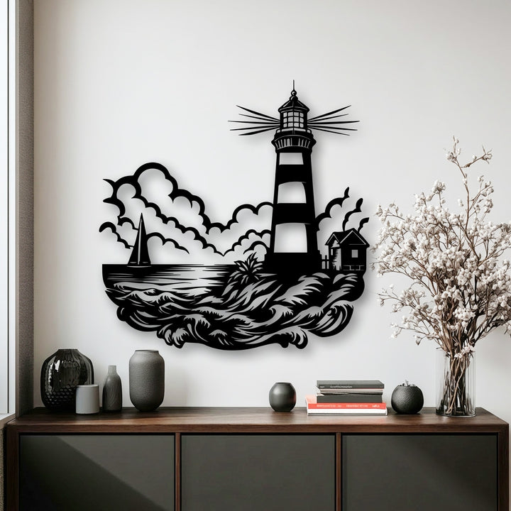 The crisp, defined edges of this lighthouse metal decoration wall art sharply outline the ocean waves, sailboat, and lighthouse, creating a striking silhouette.