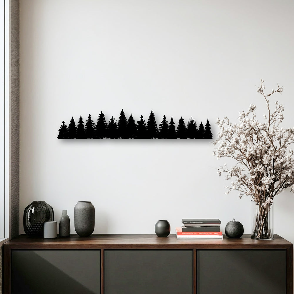 The robust construction of this black pine forest silhouette metal art for wall showcases exceptional material quality.