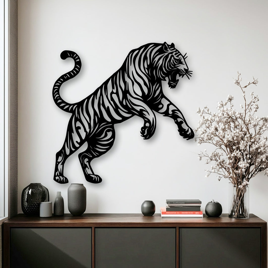 The crisp, sharp edges of the black tiger silhouette metal art for wall create a striking visual border on the white background.