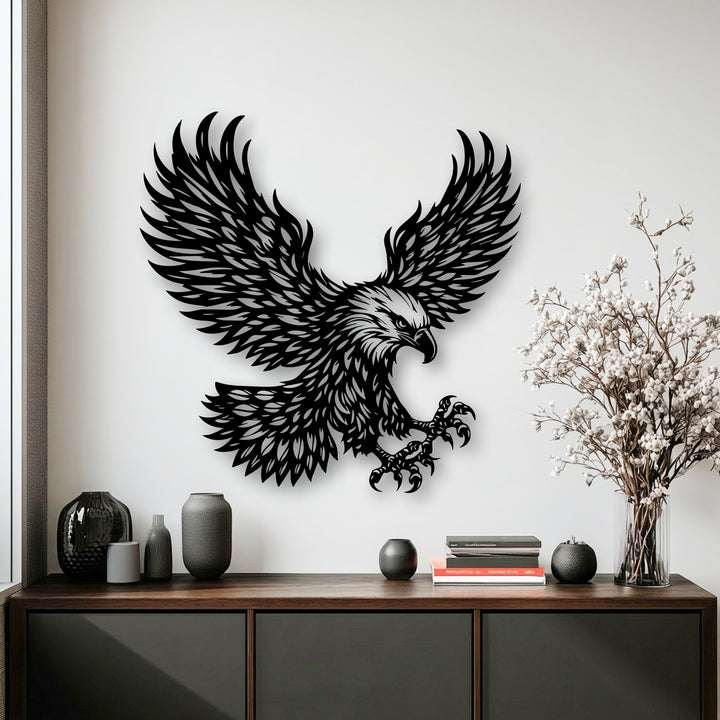 The majestic eagle decorative metal art shows a captivating layering effect, casting a deep shadow on the crisp white wall.