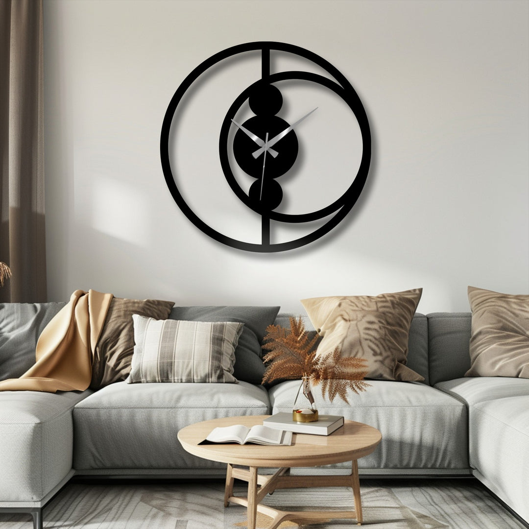 Calm and understated, this contemporary living room scene features a striking abstract metal art for wall clock, enhancing the room's minimalist aesthetic.