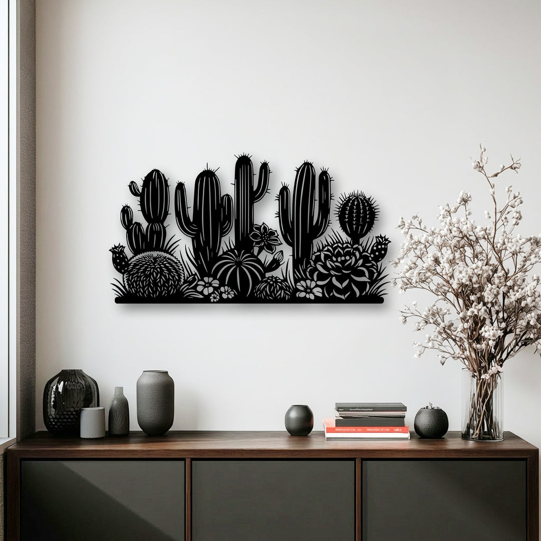 The intricate design of the desert cactus garden silhouette offers a lively sense of movement in this decorative metal art.