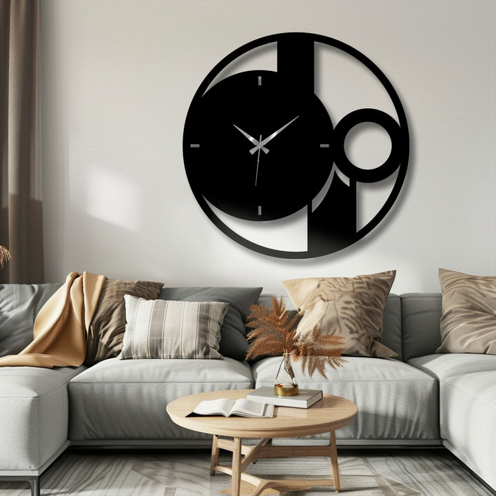 The layering effect showcases this abstract metal wall decor with a modern circle clock design, accentuating its minimalist and decorative appeal.