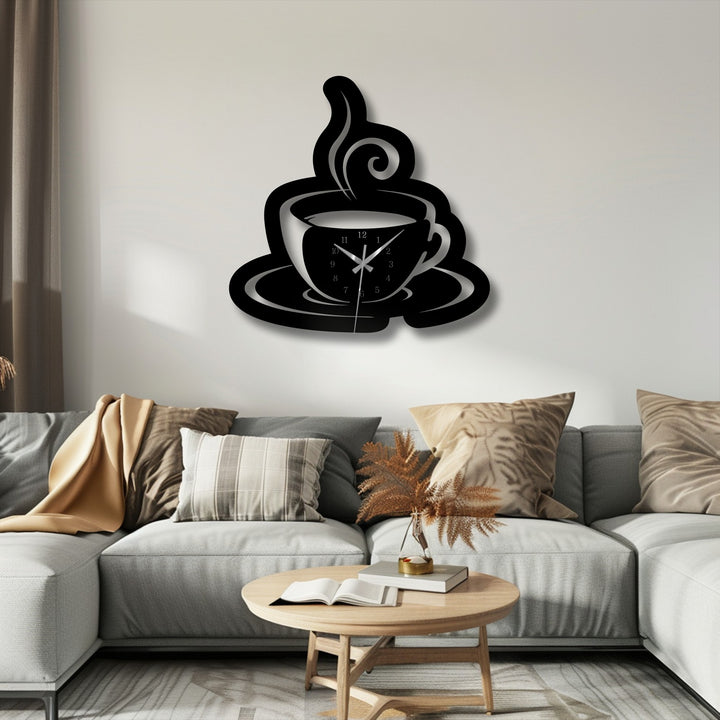 The layering effect is prominent in this unique metal wall art, a Coffee Cup Metal Wall Clock with dimensional black outlines and reflective silver accents.
