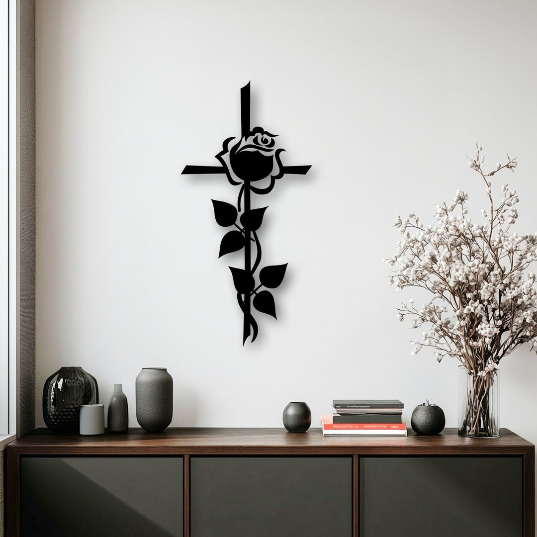 The focal point is an elegant black rose and cross silhouette metal decoration wall art, spiritual and beautifully detailed.