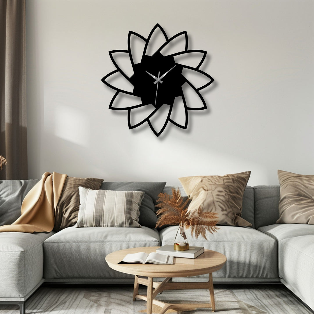 Negative space defines the floral petals of the metal wall clock, creating a compelling decoration wall art piece with its minimalist lotus bloom design.