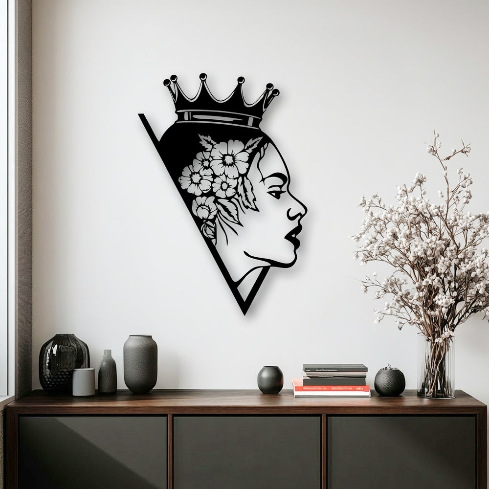 The realistic detail of this elegant floral queen decorative metal art meticulously renders her intricate crown and serene profile.