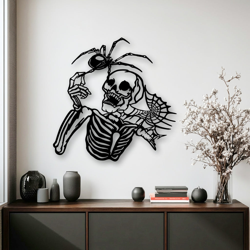 Geometric elements define the gothic skeleton and spider metal wall decor, featuring sharp angles, curved bones, and an intricate spiderweb.