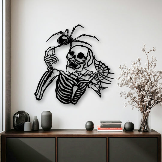 Geometric elements define the gothic skeleton and spider metal wall decor, featuring sharp angles, curved bones, and an intricate spiderweb.
