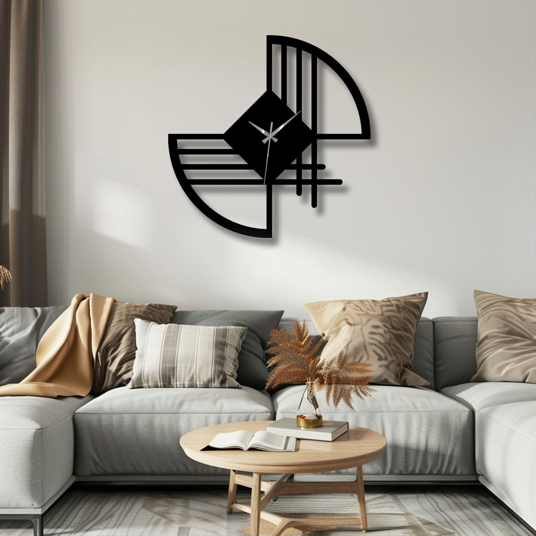 Featuring a sleek black finish, this modern abstract line metal wall clock exemplifies striking metal art for wall decor with its unique geometric form.