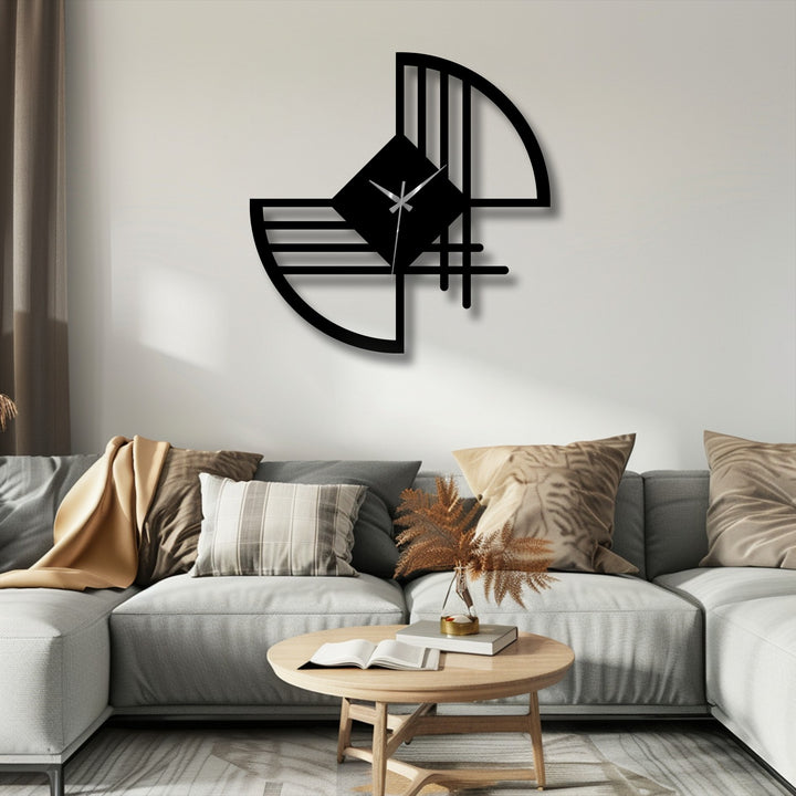 Featuring a sleek black finish, this modern abstract line metal wall clock exemplifies striking metal art for wall decor with its unique geometric form.