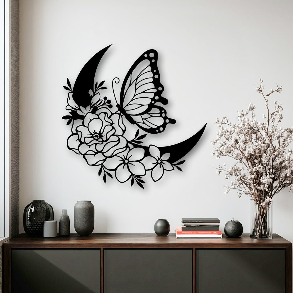 Presenting a captivating abstract silhouette of a butterfly and floral crescent moon, this metal decoration wall art offers a unique, stylized charm.